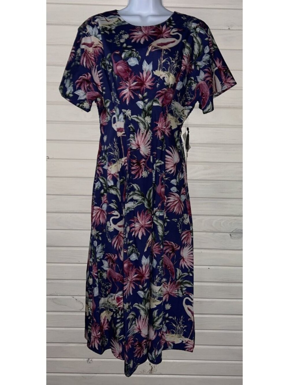 NWT Kensie Sz 2 Flamingo Print Midi Dress Navy Blue Pink Pleated Fit & Flare